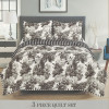 3 Piece Quilted Bedspread Set - Black & White Floral Pattern - Full/Queen & King Size