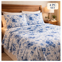 Blue Floral Bed Sheets Set 4PC Deep Pocket Soft Bedding Full Queen King