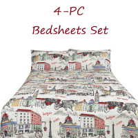 Bed Sheets Set 4-pc Multicolor Parisian Scenes Full Queen King