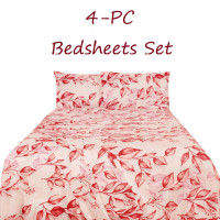 Bed Sheets Set 4-pc Light Red Base with Red Leaves Full Queen King size