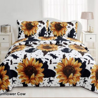 Cow Print & Sunflowers Western Bedding Set Queen & King Quilt Bedspreads Queen King Oversized