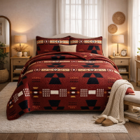 Geometric Print Bedding Set Queen & King Size Quilted Bedspreads Velvet Burgundy