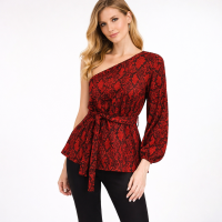 Michael Kors One Shoulder Blouse Python Snake Print Red & Black Ribbon Belt long sleeve peplum tunic