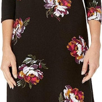 Conservative but Elegant Black Floral Dress Jersey Long Sleeve Dress, Size: S