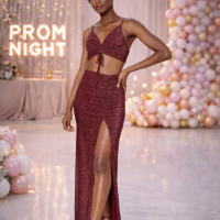 Matching Glitter Top & Long Skirt with High Leg Slit - 2 piece set