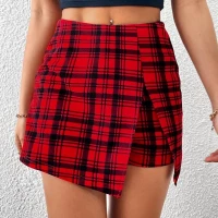 Buffalo Print Plaid Skort with side slit Skirt & Shorts Combo Red & Black