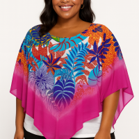 Slim Factor by Investments Plus Size Botanical Print Round Neck 3/4 sleeve Poncho Top Blouse