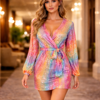 Sequined Rainbow Striped Wrap Dress Short Mini Dress V-Neck Long Sleeves Belted