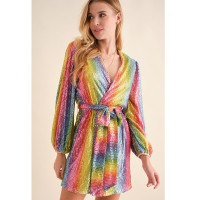 Rainbow Sequined Wrap Dress Short Mini Dress V-Neck Long Sleeves Belted