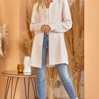 Light Pink / Blush Plaid Tweed Jacket For Women Open Front Collarless Long Sleeves Lined