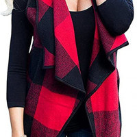 Buffalo Plaid Cardigan Vest Waterfall Front - Side Pockets Red and Black