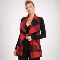 Women’s Red Black Buffalo Plaid Waterfall Cardigan Vest Open Front Pockets