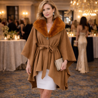 Faux Fur Shawl Coat Belted Poncho with collar - Camel Brown