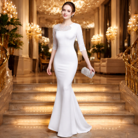 White Evening Gown Lace & Crystal Detail Half Trumpet Formal Evening Gowns Prom Dress