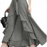 Pants Skirt Combo High Rise Pants with a Wrap Around Ruffle Hem Skirt - Gray