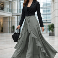 Pants Skirt Combo High Rise Pants with a Wrap Around Ruffle Hem Skirt - Gray