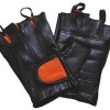 Vance Leather Black and Orange Padded Palm Fingerless Glove with Pull Tabs