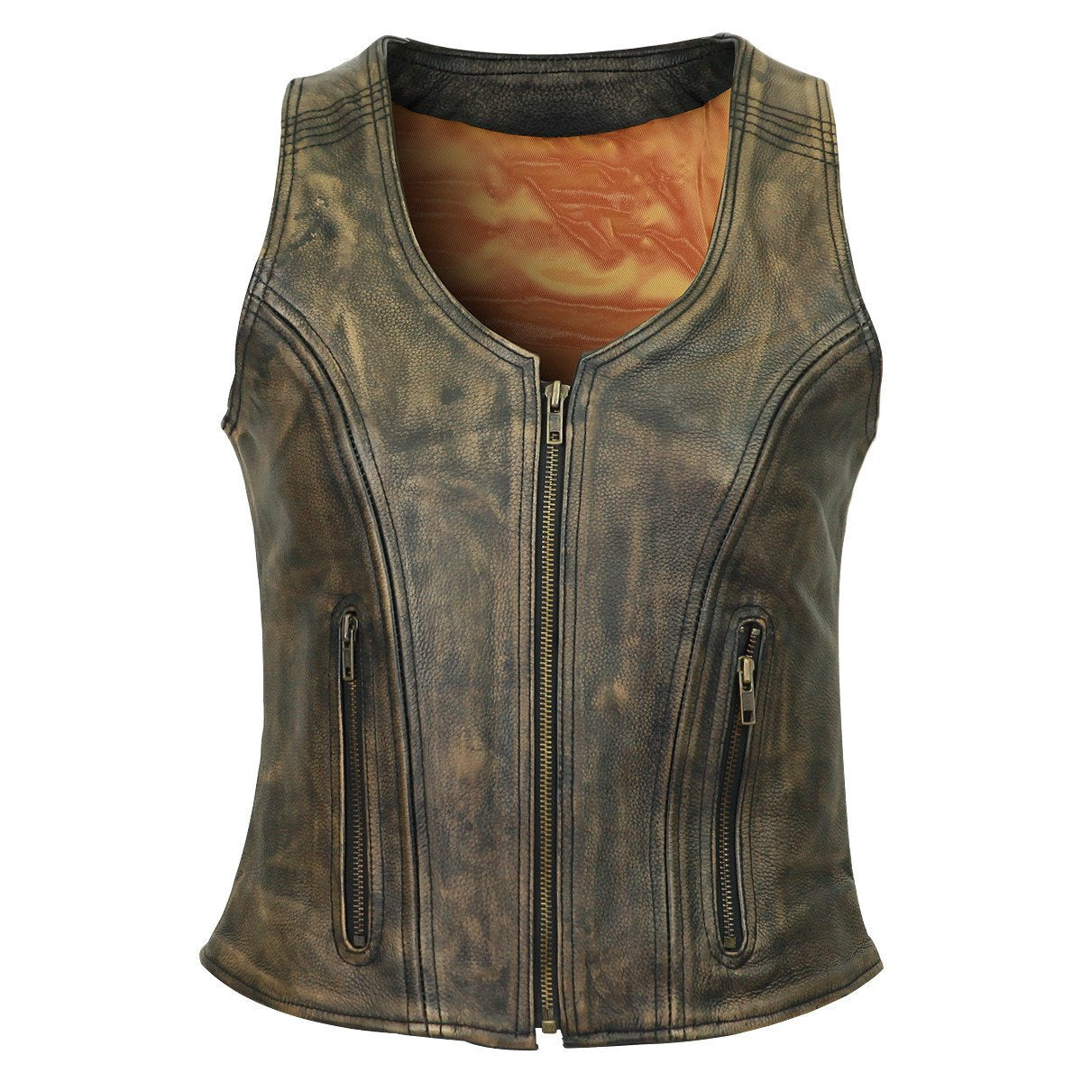 High Mileage Women\'s Distressed Brown ThreeZipper Cowhide Leather Vest