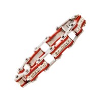 Two Tone Silver and Red Ladies Bike Chain Bracelet with White Crystal Centers