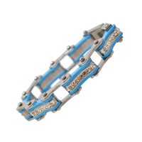 Two Tone Silver and Turquoise Ladies Bike Chain Bracelet with White Crystal Centers