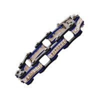 Two Tone Black and Candy Blue Bike Chain Bracelet with White Crystal Centers