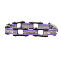 Two Tone Black and Purple Ladies Bike Chain Bracelet with White Crystal Centers