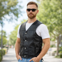 Men’s Black Leather Vest Straight Hem – Clean Modern Motorcycle Style