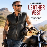 Genuine Leather Vest Mens 1.4mm Cowhide Motorcycle Biker Concealed Carry Black
