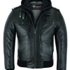 s\' Men\'s Sven Bomber Black Waxed Premium Cowhide Motorcycle Leather Jacket with Removeable Hood