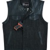 Men\'s Collarless Black Denim Leather Vest