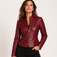 Leather Jacket Womens Short Fitted Burgundy Zip Front Fashion Lambskin Lined