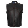 High Mileage Men\'s Zipper and Snap Closure Leather Club Vest with American Flag Liner and Red Stitching