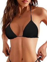 String Bikini Set Black Halter Bikini Top Low Rise Bikini Bottom Triangle Bikini Set