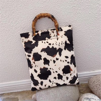 Cow Print Tote Bag PU Leather Handbag 14x12 Bamboo Handles