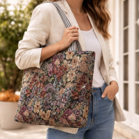 Tapestry Shopper Tote Bag  Floral Pattern Brown Gray background – Large Tote Bag