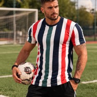 Men's Graphic Print T-Shirt  Colored Stripes Crew Neck - Short Sleeve - Fashion Tee