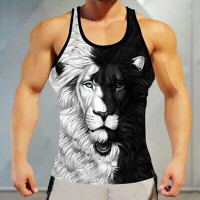 Men's Muscle Tee  Lion Print Athletic Fitness Tank Top Round Neck - Sleeveless