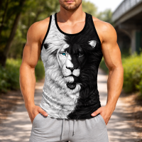 Mens Muscle Tee Gym Workout Bodybuilding Sleeveless Lion Graphic Tank Top Black
