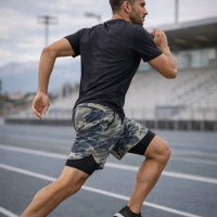 Mens Athletic Camo Shorts with slip liner  Zippered pocket in the back  hidden phone pocket in the slip liner towel loop and two traditional side pockets