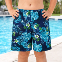 Boys Swim Shorts  Swimming Trunks Multicolor Tropical Pattern Elastic Waist