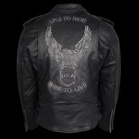 Men's Eagle Embossed Live To Ride - Ride To Live Classic Black Leather Motorcycle Biker Jacket