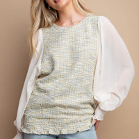 Tweed and Chifon Top  Lantern Sleeves Smocked Hem Back Keyhole