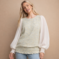 Tweed and Chifon Top  Lantern Sleeves Smocked Hem Back Keyhole