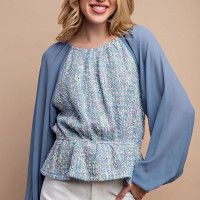 Tweed and Chiffon Peplum Top Peasant Sleeves Back Keyhole Lined Slate Blue