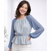 Tweed and Chiffon Peplum Top Peasant Sleeves Back Keyhole Lined Slate Blue