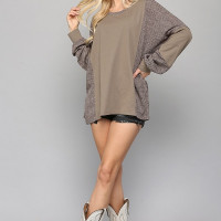 Two Tone Top with Dolman Sleeve Solid Terry & Rib Knit Mix Top - Taupe