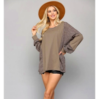 Two Tone Top with Dolman Sleeve Solid Terry & Rib Knit Mix Top - Taupe