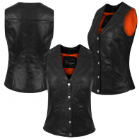 Vance Womens Black Five Snap Lady Biker Leather Motorcycle Vest