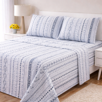 Geometric Design Bed Sheets Set 4 Piece Set Deep Pocket Bed Sheets  Queen & King Size White & Blue