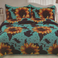 Cow Print & Sunflowers Turquoise Western Bedding Set Queen & King Quilt Bedspreads Velvet